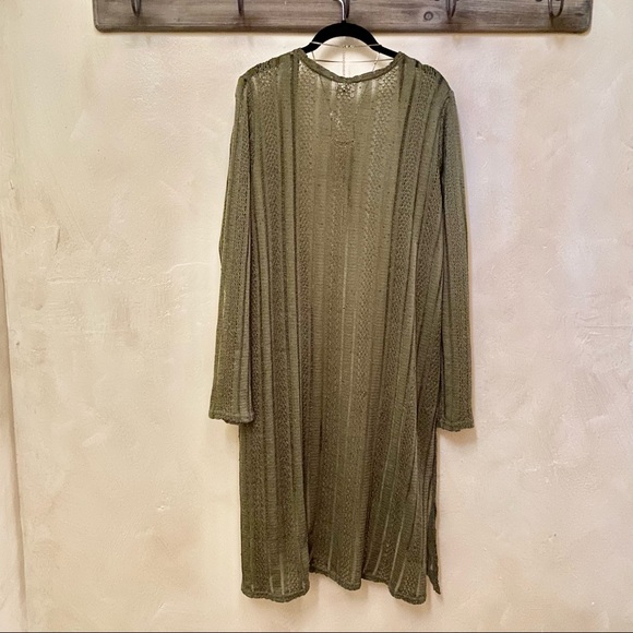O’Neill Crochet Olive Long Open Cardigan w/ Side Slits-L - Picture 2 of 7